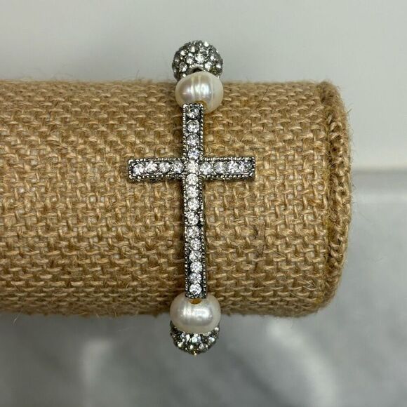 Crystal Rhinestone Cross Faux Pearl Elastic Beaded Bracelet Ivory Silver OS - Picture 4 of 5
